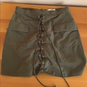 Olive Leather Tie Front Skirt